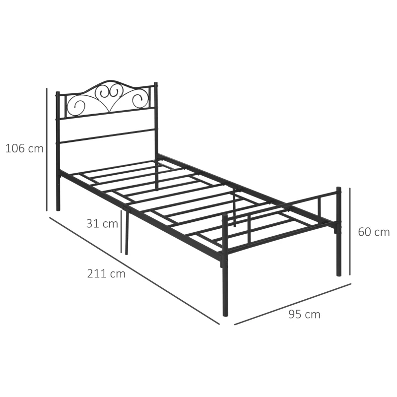 HOMCOM Bett 90 x 200 cm Stahl mit Lattenrost, Kopf- und Fußteil, 31 cm hoch Schwarz