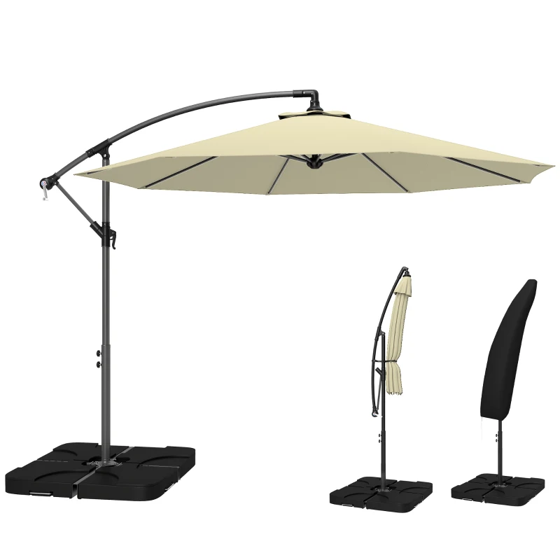 Outsunny 3m Overhanging Parasol, with Base, Weights and Cover - Sand brown