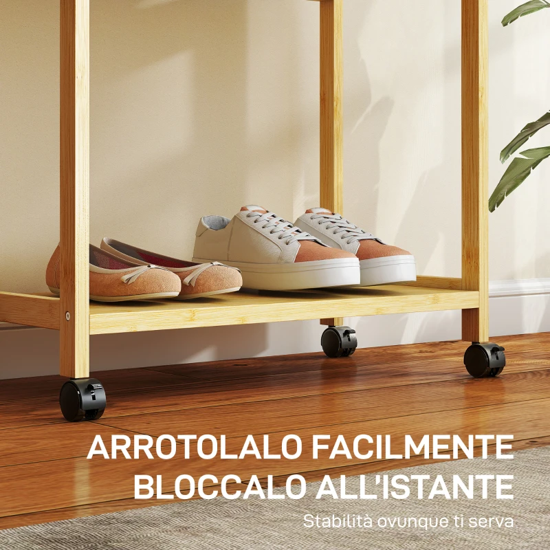 HOMCOM Stand Appendiabiti da Terra con Barra, Ripiani e 4 Ruote in Bambù, 70x35x175 cm, Legno Naturale