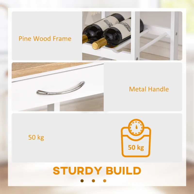 HOMCOM Serviciu de servire dulap de bucătărie cu rotile 2 rafturi, tavă detașabilă, sertar lemn de pin alb stejar luminos