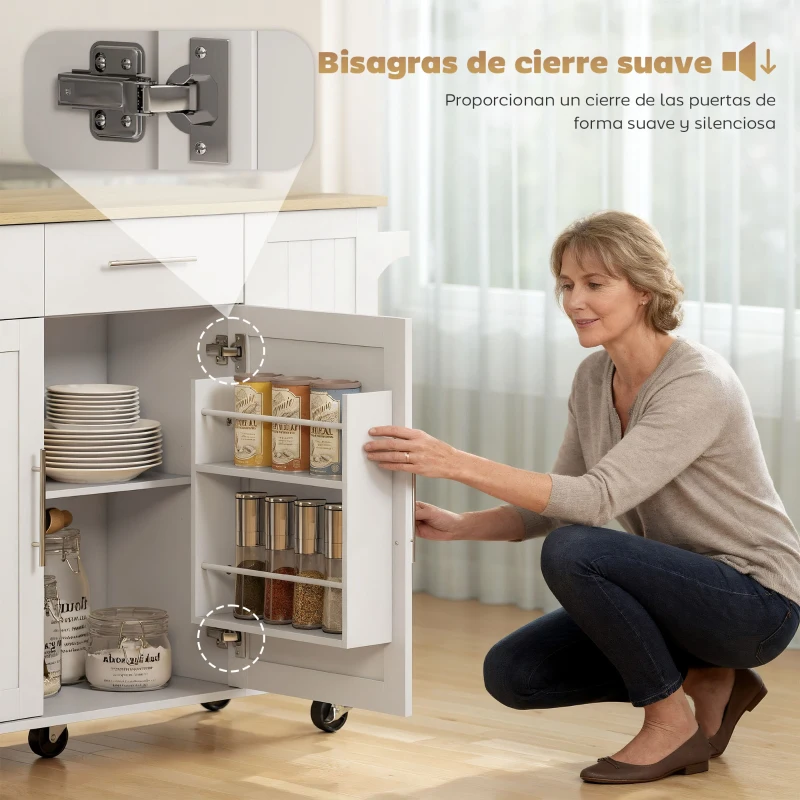 HOMCOM Isla de Cocina con Ruedas Encimera Plegable 2 Puertas con Cierre Suave Bandeja Extraíble 2 Cajones Blanco