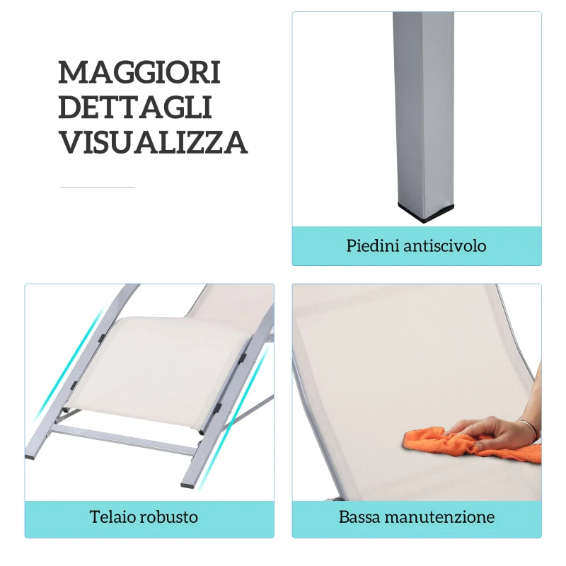 Outsunny Set di 2 Lettini Prendisole e Tavolino con Piano in Vetro, 59x169x66 cm, Crema