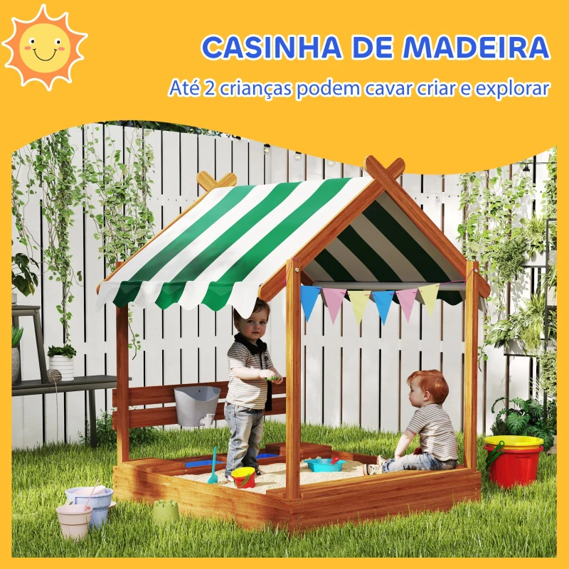 Outsunny Caixa de Areia para Crianças de Madeira em Forma de Casa com 2 Assentos Toldo 6 Bandeirolas 2 Bandejas Removíveis Torneira e Quadro para Jardim 124x116x146 cm Madeira