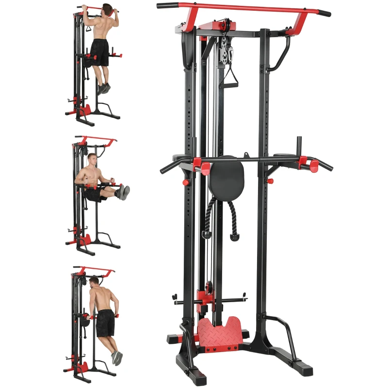 SPORTNOW Power Tower with Lat Pull Down Machine, Pull Up Bar, Dip Station, Adjustable Height Power Pack for Home Gym