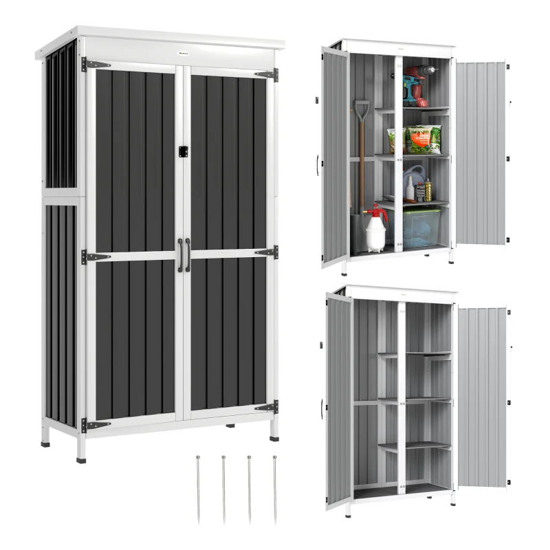 Outsunny Outdoor Storage Cabinet with Removable Shelves, Garden Tool Shed with Asphalt Roof, White and Black