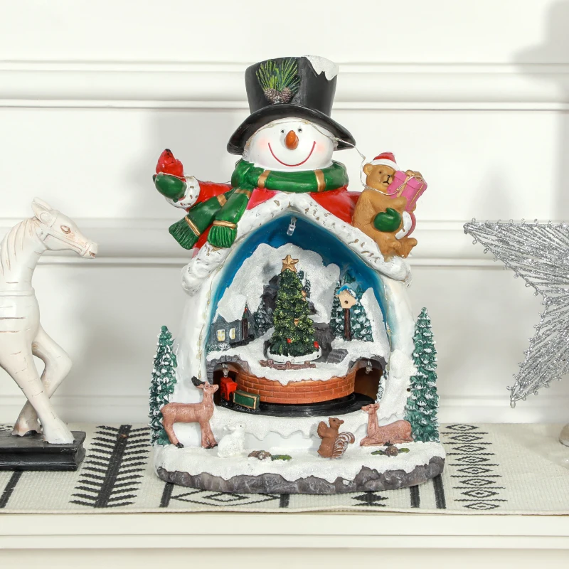 HOMCOM Weihnachtsdorf in Schneemann-Form mit fahrendem Zug, LED-Lichtern und Musik, festliche Tischdekoration, Mehrfarbig