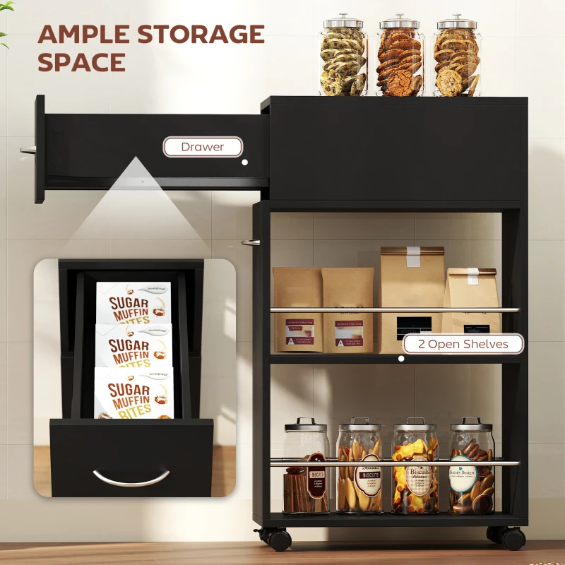 HOMCOM Cărucior de Bucătărie cu 2 Rafturi Deschise, Sertar și Balustrade, Lemn și Oțel Inoxidabil, 25x50x85 cm, Negru