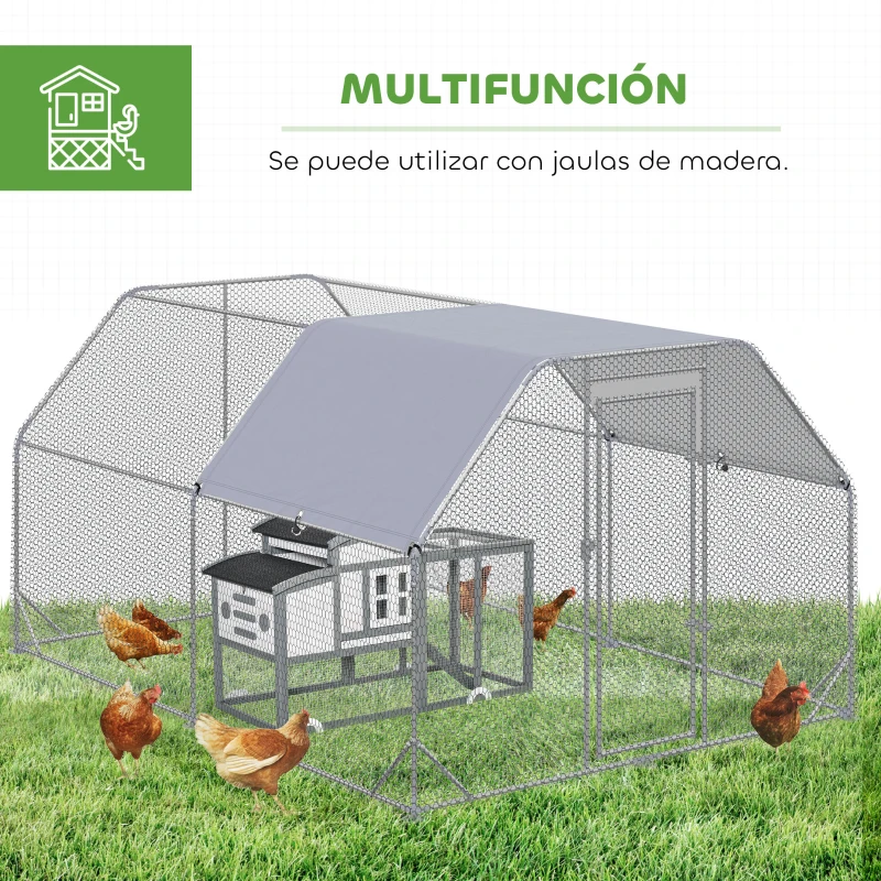 PawHut Gallinero para Exterior Grande 2,8x3,8x1,95 m Jaula de Gallinas de 2 Habitaciones Cubierta de Tela Oxford Anti-UV Plata