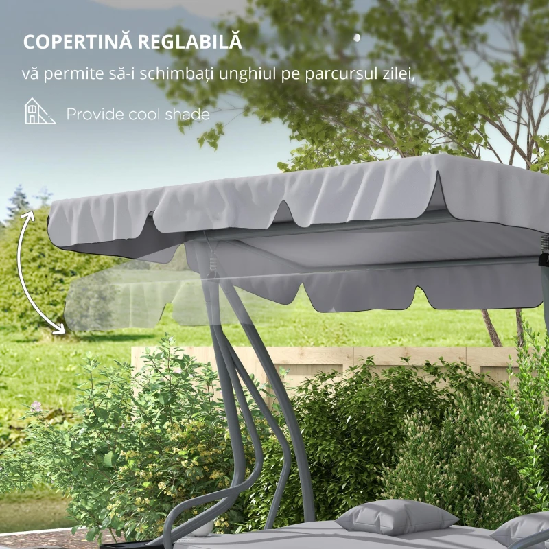 Outsunny Pat de Grădină cu Copertină Reglabilă și Suport pentru Pahare, Balansoar de grădină din oțel și poliester, 200x120x164 cm, Gri Deschis