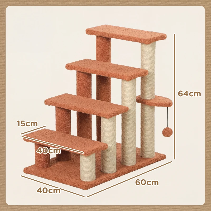 PawHut Haustiertreppe, Kratzbaum, 4-stufig, für Tiere bis 5 kg, 60x40x64cm, Braun