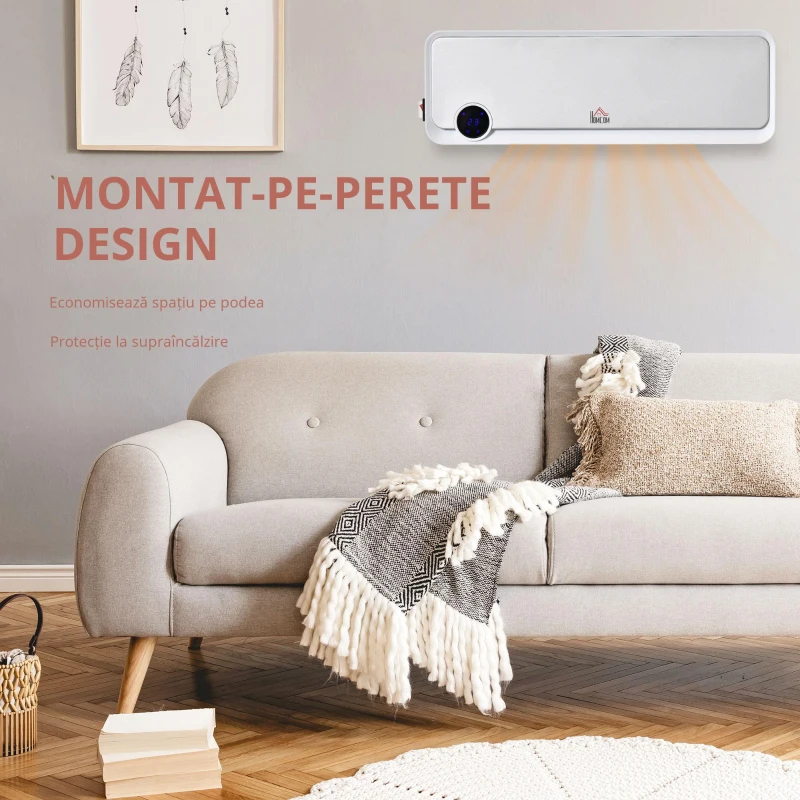 HOMCOM Aerotermă de Perete cu 3 Moduri, Timer 12h și Oscilație 30°, 56x18,5x11,7 cm, Argintiu