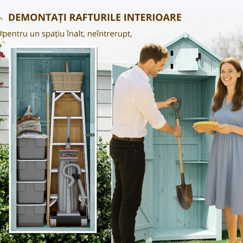 Outsunny Magazie de Gradina pentru Scule din Lemn Impermeabila, 77x54,2x179cm,Albastru