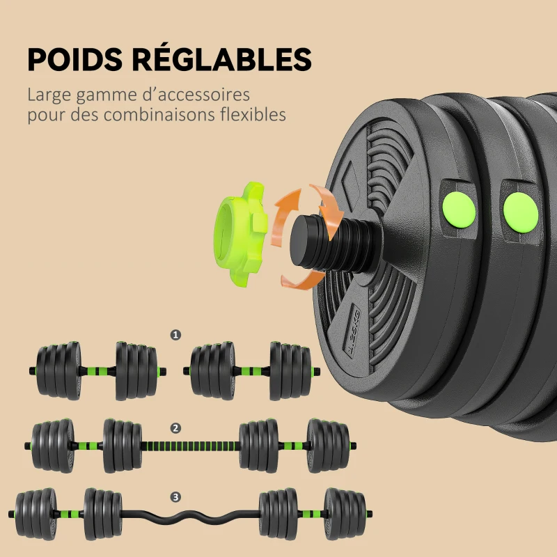SPORTNOW Kit haltères musculation haltères réglables 30 kg 3 en 1, ensemble de poids réglable avec barre d'extension noir