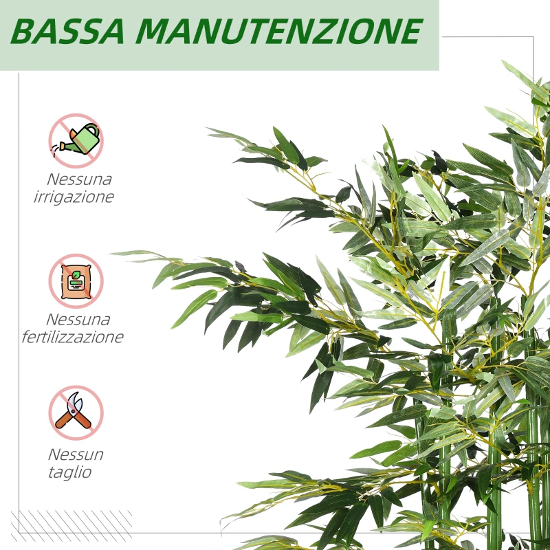HOMCOM Pianta di Bambù Artificiale Alta 180 cm da 1640 Foglie con Base in Legno di Pino 35x10x10 cm, Verde