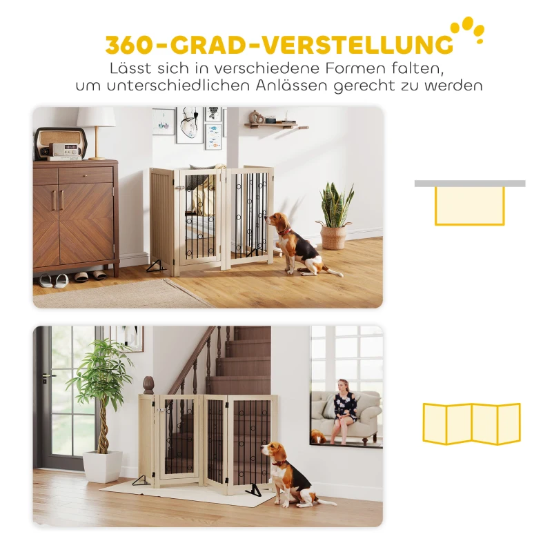 PawHut Freistehendes Haustiertor, Hundegitter mit Tür, 4 Paneele, für Flur, Treppe, Türrahmen, MDF, Stahl