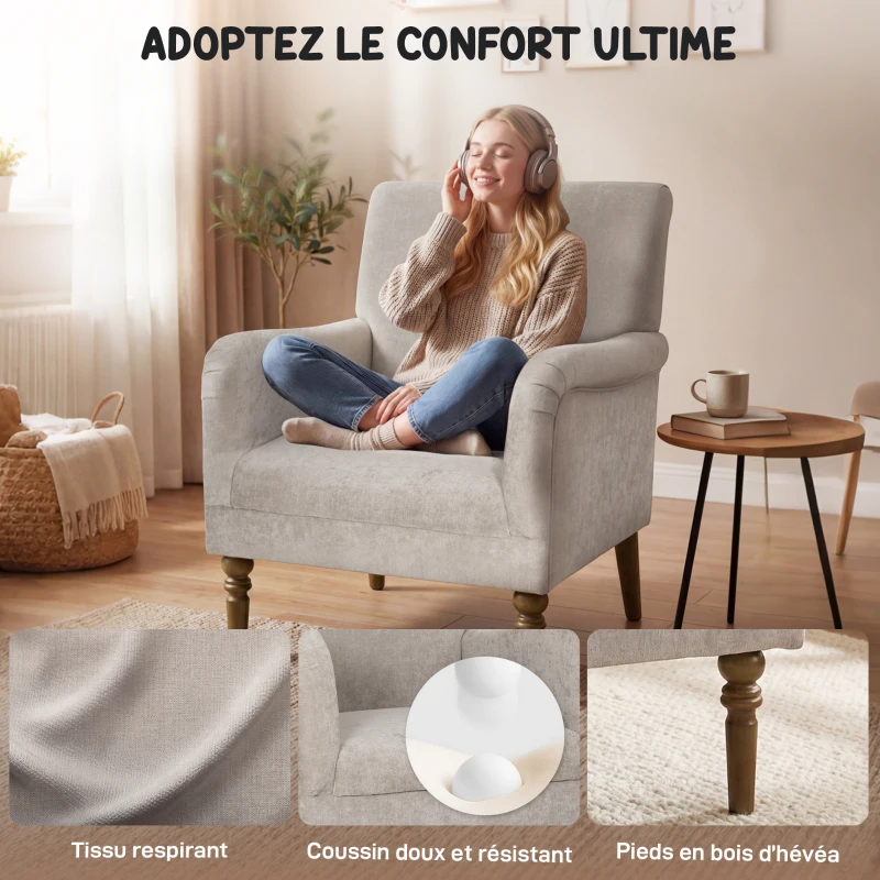 HOMCOM Fauteuil de salon, canapé 1 place avec dossier haut, accoudoirs, assise large, pieds en bois d'hévéa, tissu en lin, gris