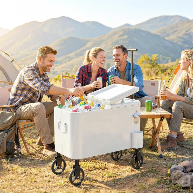 Outsunny Getränkekühlwagen 56 L mit Rollen verstellbarem Griff Flaschenöffner Kronkorkensammler Ablauf und Griff 75x35x120 cm Weiß