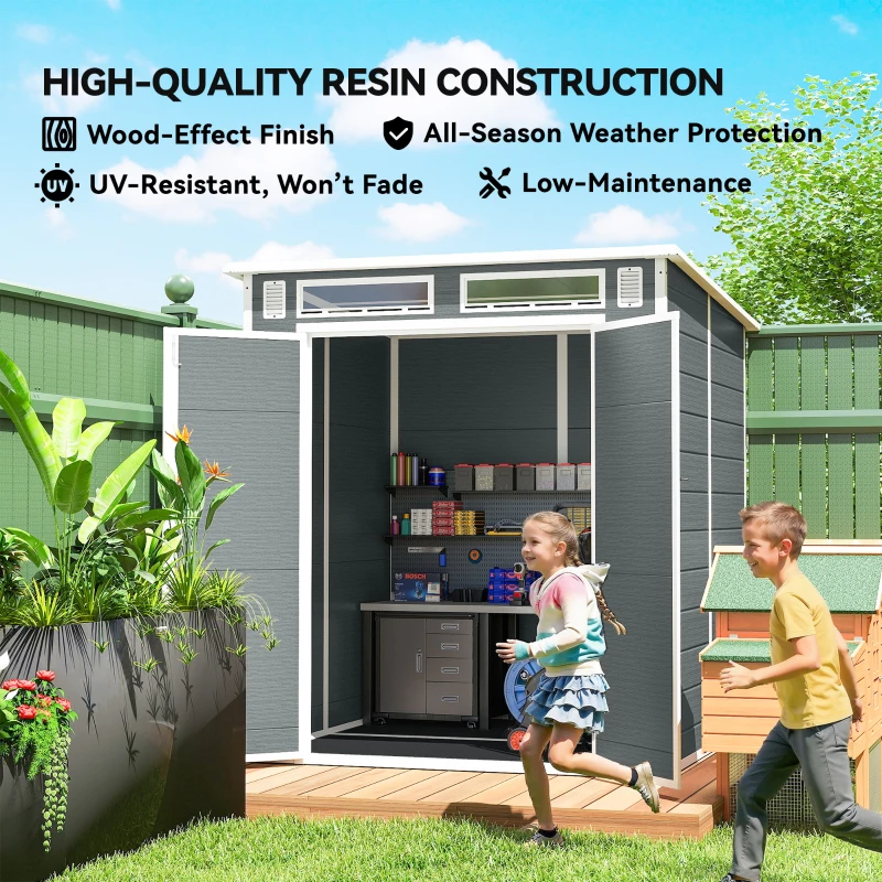Outsunny 6 x 6 ft Plastic Garden Shed, Wood-Effect Outdoor Storage Shed with Floor, Windows, Lockable Doors and Vents, Grey