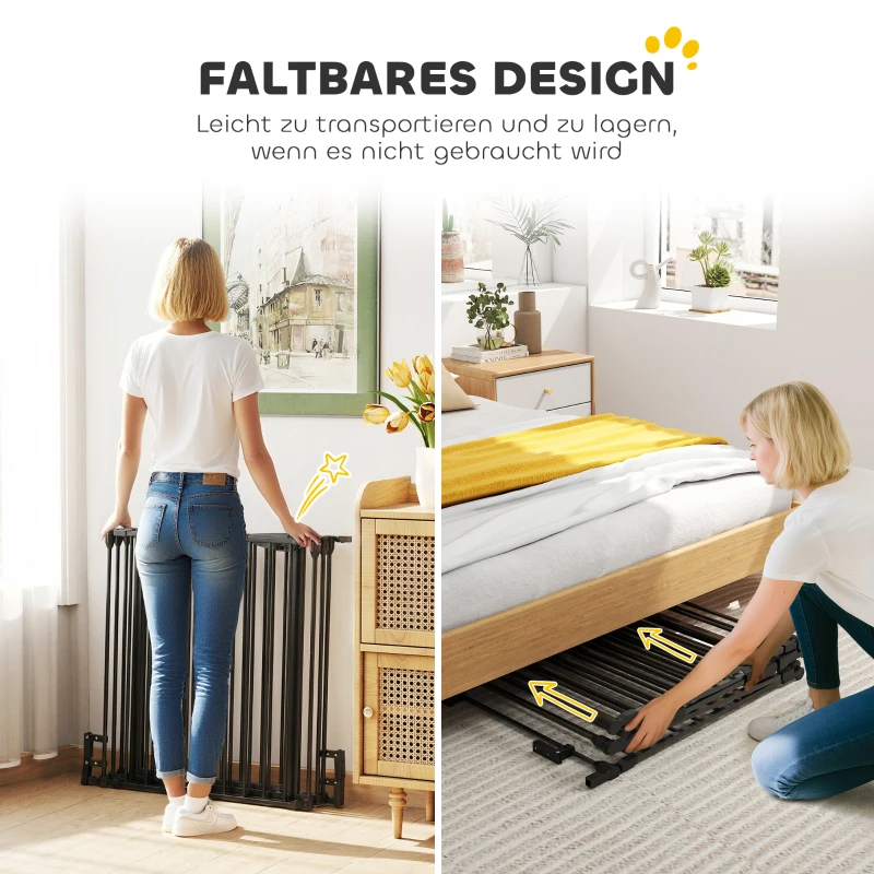 PawHut 2-in-1 Absperrgitter, Haustier-Laufstall, Sicherheitstor, faltbar, Metall, 300 x 3 x 74,5 cm, Schwarz(m-5)