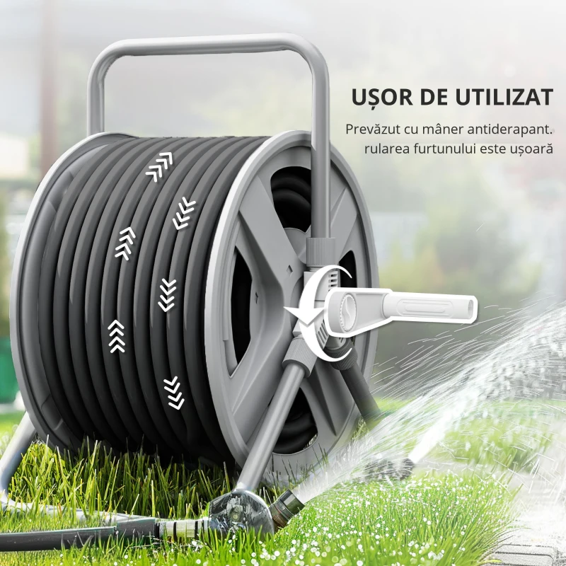 Outsunny Suport pentru Înfășurarea Furtunului de Grădină cu Manivelă, pentru 40m de Furtun, 46x35x46 cm, Gri