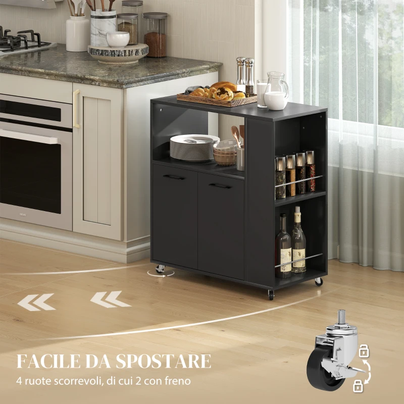 HOMCOM Carrello Cucina in Legno con Ripiano Aperto, Armadietto e Scaffale Laterale, 75x40x80.5 cm, Nero