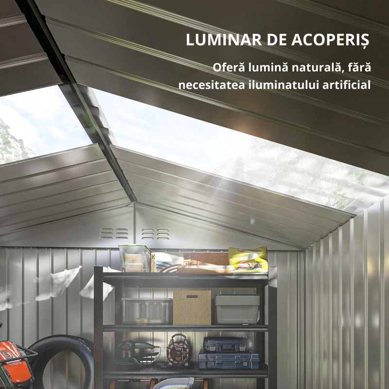 Outsunny Șopron pentru Unelte cu Acoperiș Înclinat și Uși Glisante Duble, 277x195x192 cm, Verde Închis