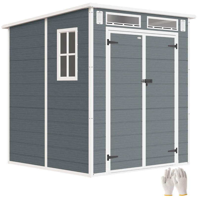 Outsunny 6 x 6 ft Plastic Garden Shed, Wood-Effect Outdoor Storage Shed with Floor, Windows, Lockable Doors and Vents, Grey