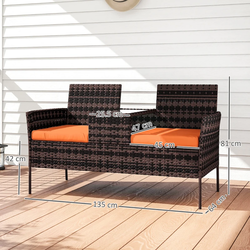 Outsunny Two-Seat Rattan Chair, with Middle Table - Orange