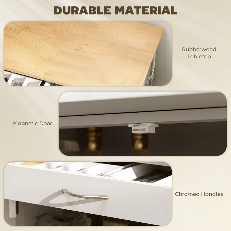 HOMCOM Rolling Kitchen Cart, Kitchen Island with Storage, Trolley with Wooden Countertop, 9-bottle Wine Rack, Drawer and Door Cabinets, White