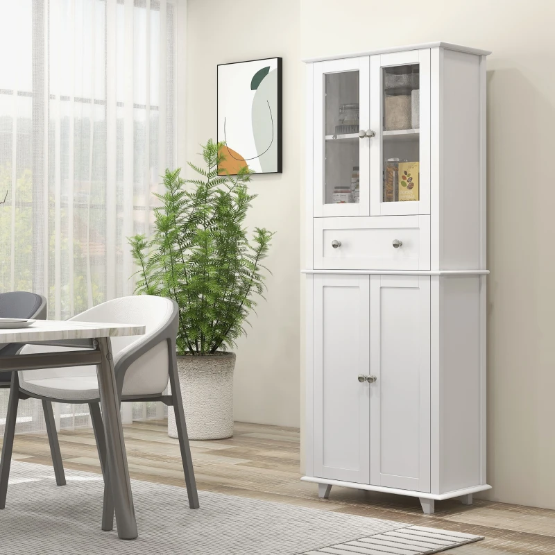 HOMCOM Armário de Cozinha Móvel Auxiliar de Cozinha com 2 Portas de Vidro Gaveta e Prateleiras Ajustáveis 61x35x168,5 cm Branco