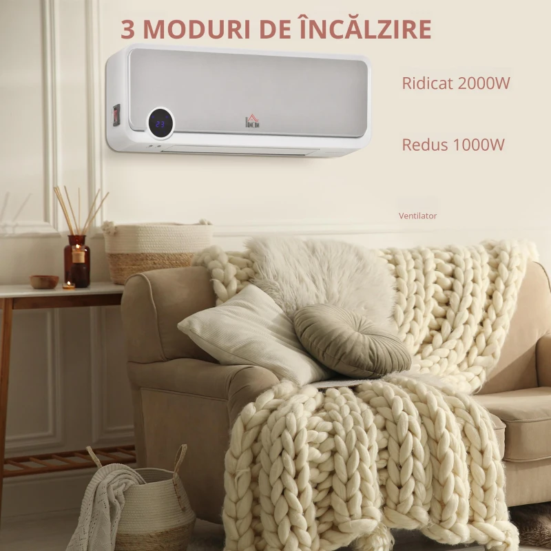 HOMCOM Aerotermă de Perete cu 3 Moduri, Timer 12h și Oscilație 30°, 56x18,5x11,7 cm, Argintiu