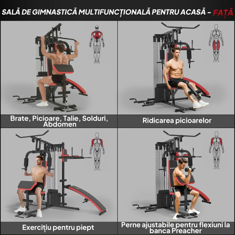 SPORTNOW Stație Fitness Multifuncțională pentru Antrenamentul Corpului, din Oțel și PU, 225x175x200 cm, Neagră