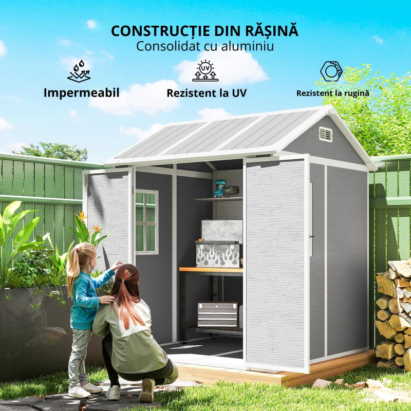Outsunny Căsuță de grădină din rășină cu podea, 2 uși blocabile, fereastră, 1.8x1.8m, gri(m-7)