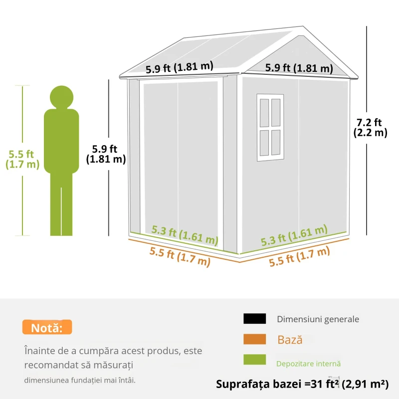 Outsunny Căsuță de grădină din rășină cu podea, 2 uși blocabile, fereastră, 1.8x1.8m, gri(m-3)