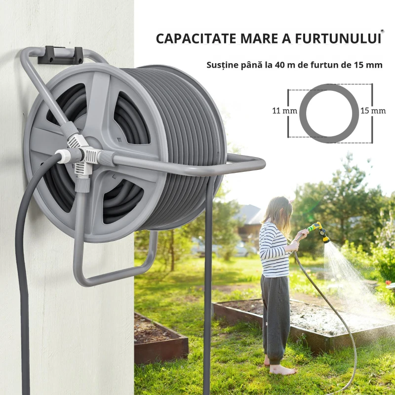 Outsunny Suport pentru Înfășurarea Furtunului de Grădină cu Manivelă, pentru 40m de Furtun, 46x35x46 cm, Gri