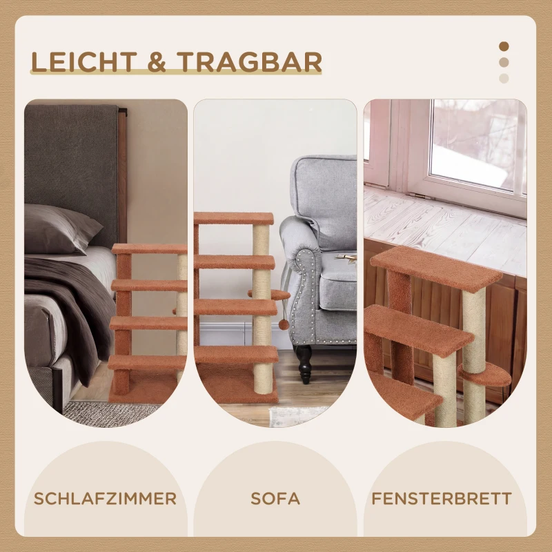 PawHut Haustiertreppe, Kratzbaum, 4-stufig, für Tiere bis 5 kg, 60x40x64cm, Braun