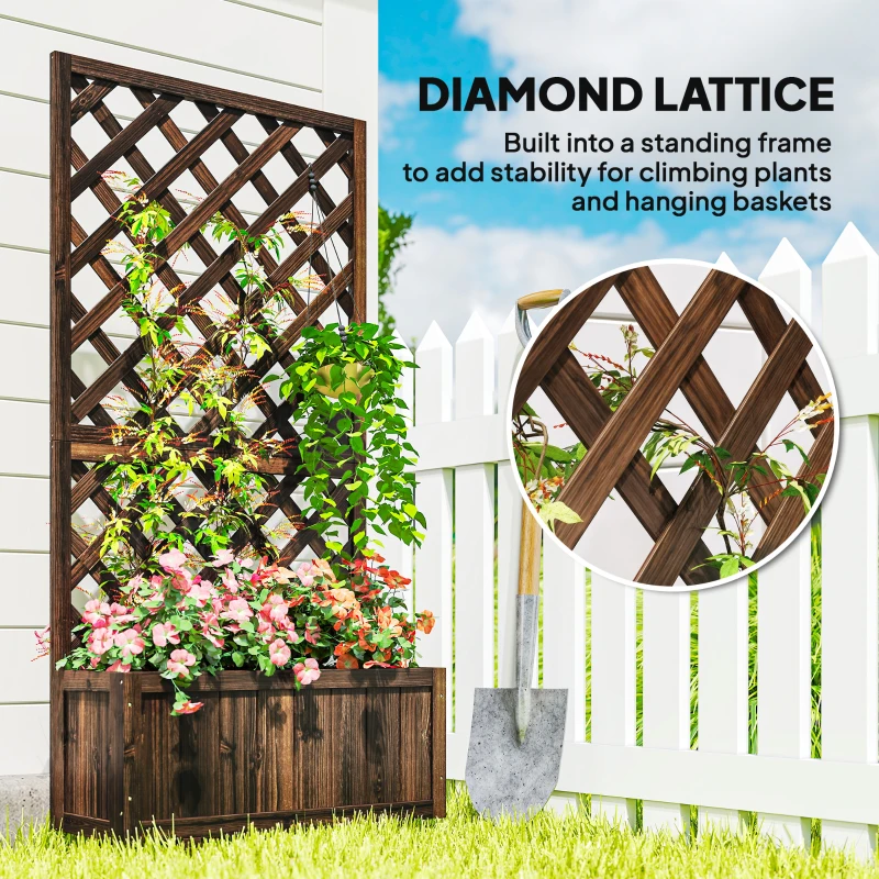 Outsunny Garden Planter with Trellis, 45L Raised Bed for Climbing Plants, Vines, Flowers, Outdoor Planter Box for Patio, 72.5 x 31.5 x 149.5 cm, Carbonised Finish