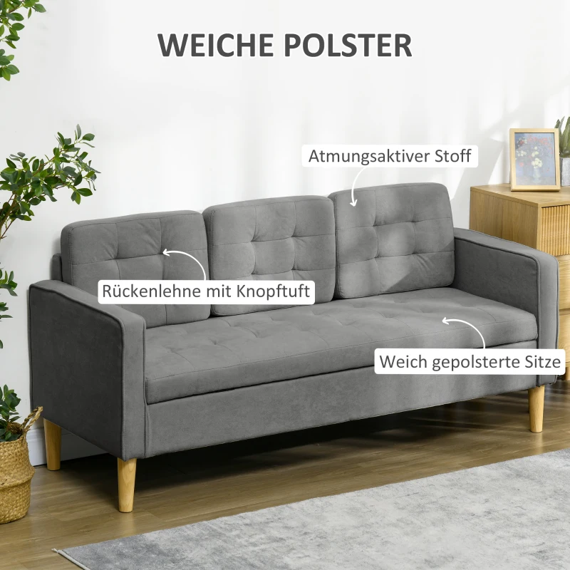HOMCOM 3 Sitzer Sofa, Couch mit Stauraum, Holzbeine, Gepolsterter Polstersofa mit Samtoptik für Wohnzimmer, Schlafzimmer, 166,5 x 62 x 82 cm, Grau