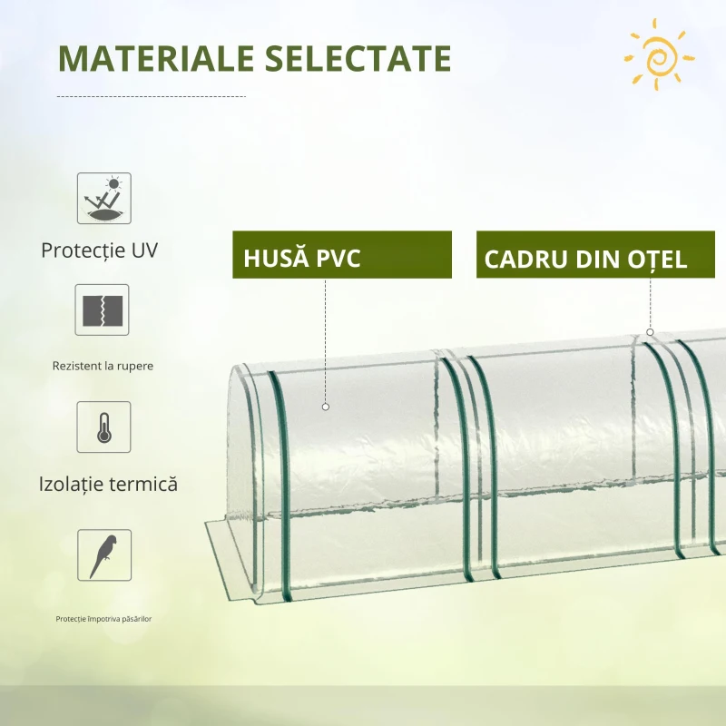 Outsunny Sera tip tunel din otel si folie PVC impermeabila si anti-UV cu 4 usi cu fermoar, 395x100x80 cm, verde inchis si transparenta