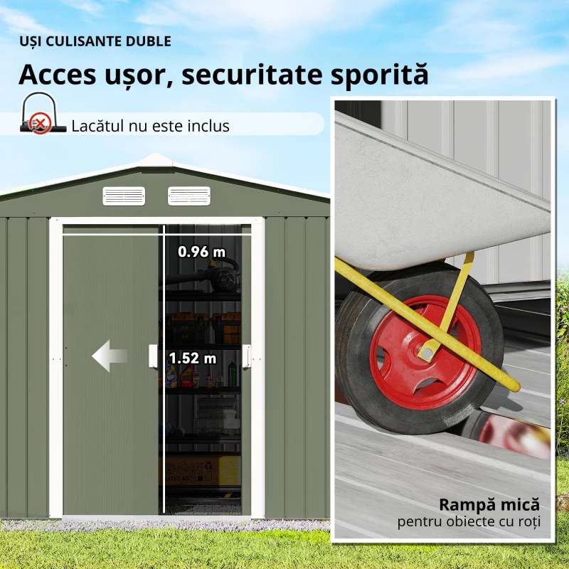 Outsunny Magazie de gradina 277 x 195 x 192cm cu usi glisante duble, 4 orificii de aerisire, din otel durabil, verde(m-8)