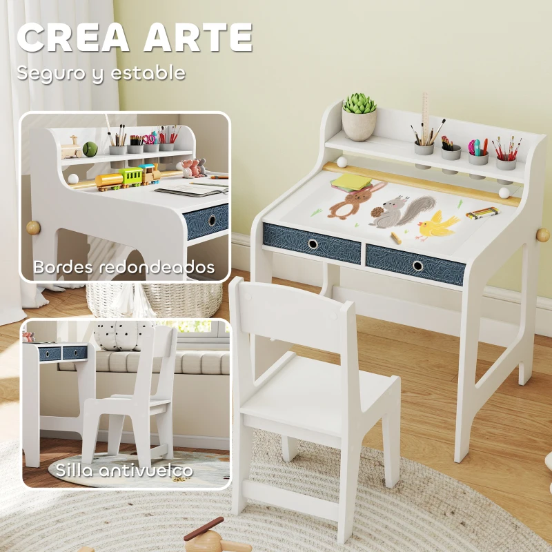 AIYAPLAY Escritorio Infantil con Silla Pupitre Infantil con 2 Cajones y Estante Mesa 62,8x55,6x73,8 cm y Silla 31,5x35x65,5 cm