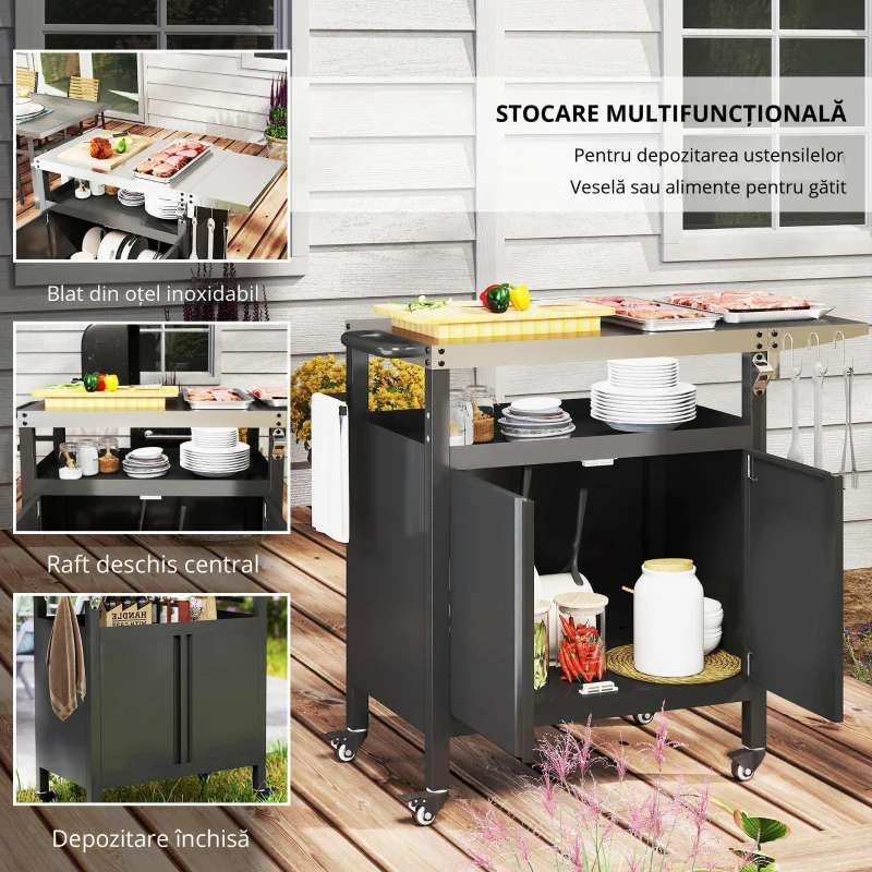 Outsunny Cărucior pentru Barbecue cu Dulap, Raft Deschis și Masă Laterală, din Oțel Inoxidabil, 116x50x93 cm, Negru