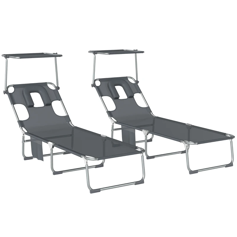 Outsunny Ensemble de 2 chaises longues pliantes inclinables avec capote 360°, ouverture faciale, poche latérale et textilène 550 g/m², gris