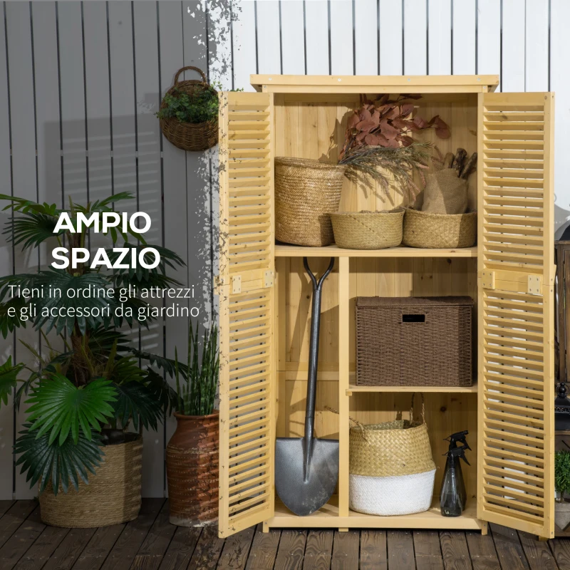 Outsunny Casetta Attrezzi Giardino in Legno di Abete e Pino con 4 Scompartimenti e Tetto Impermeabile, 87x46.5x160 cm, Color Legno