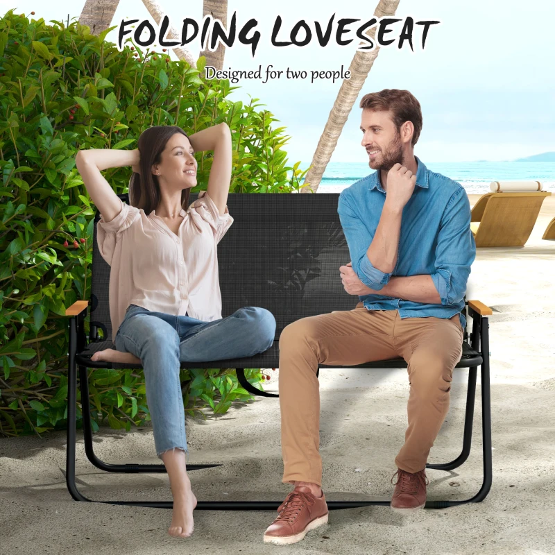 Outsunny Ławka Ogrodowa, Składane Krzesło Kempingowe na 2 Osoby Do 220 kg Czarny, Siatka, 108 x 65 x 73 cm