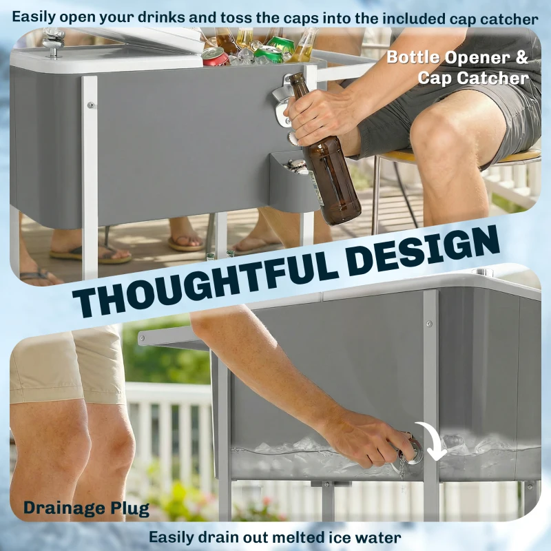 Outsunny Chariot Réfrigéré 56L avec Roues Étagère Décapsuleur Récupérateur de Capsules Vidange et Poignée pour Patio Fête 84x38x83 cm Gris