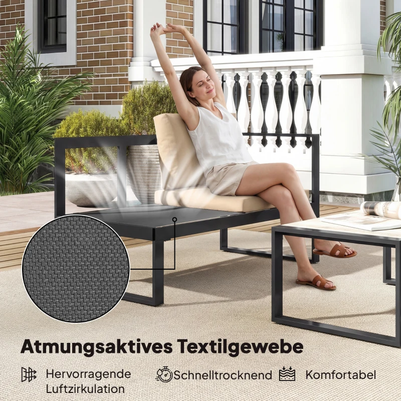 Outsunny 4-delige tuinloungeset, 2 tweezitsbanken, armloze stoel, salontafel, voor balkon, Khaki