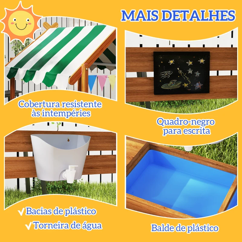 Outsunny Caixa de Areia para Crianças de Madeira em Forma de Casa com 2 Assentos Toldo 6 Bandeirolas 2 Bandejas Removíveis Torneira e Quadro para Jardim 124x116x146 cm Madeira
