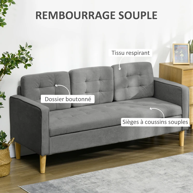 HOMCOM Canapé 3 places en flanelle de neige, canapé moderne avec rangement caché, dossier capitonné, 166,5 x 62 x 82 cm, gris