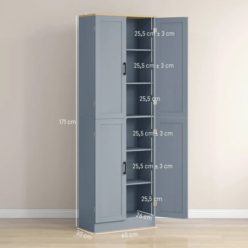 HOMCOM Armário de Cozinha com 4 Portas e Prateleiras Ajustáveis Anti-Tombo 60x30x171 cm Cinzento